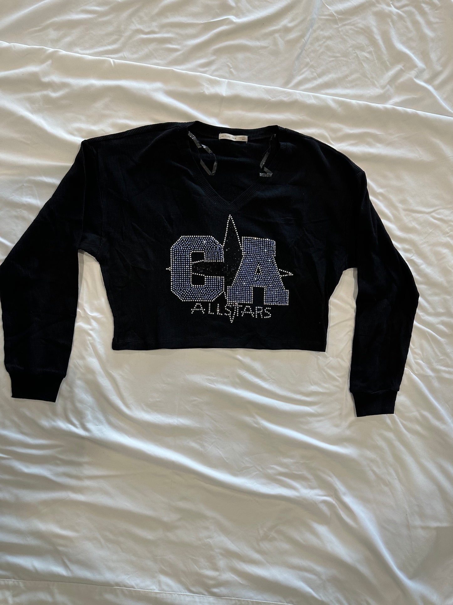 Black Thermal Crop V-Neck with bling CA Logo Design