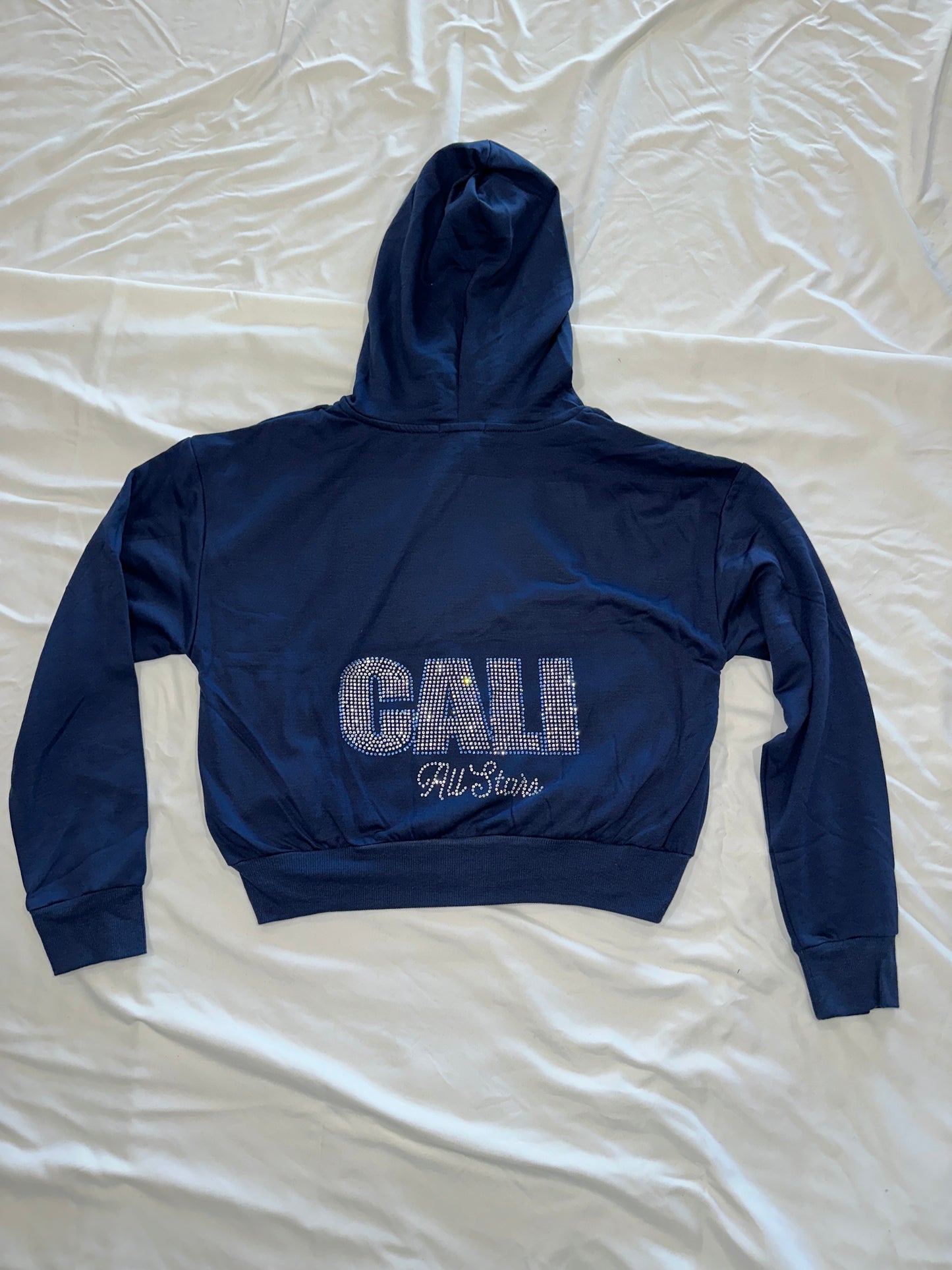 Navy Crop Zip Up Jacket Bling "CALI" Block Letter Design