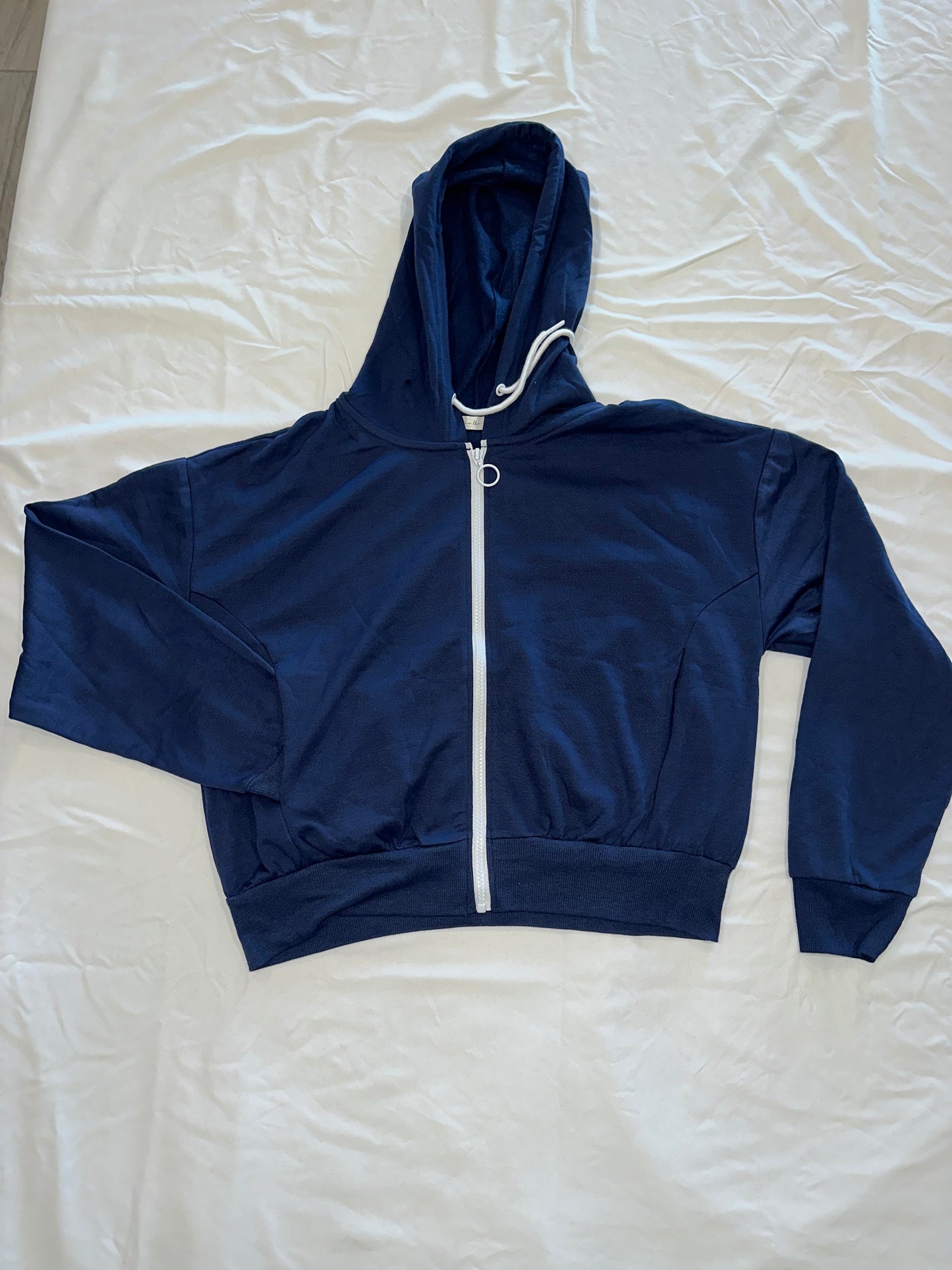 Navy Crop Zip Up Jacket Bling "Cali" Cursive Letter Design