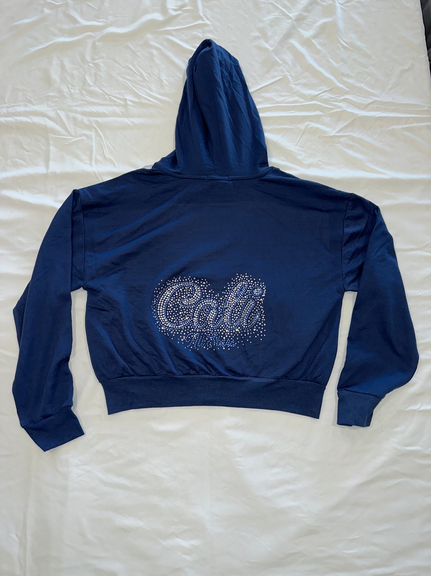 Navy Crop Zip Up Jacket Bling "Cali" Cursive Letter Design