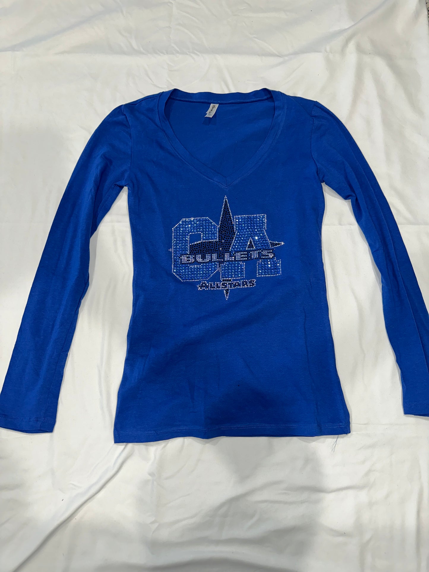 Long Sleeve Blue V-Neck with Bling CA Logo Design (Black)