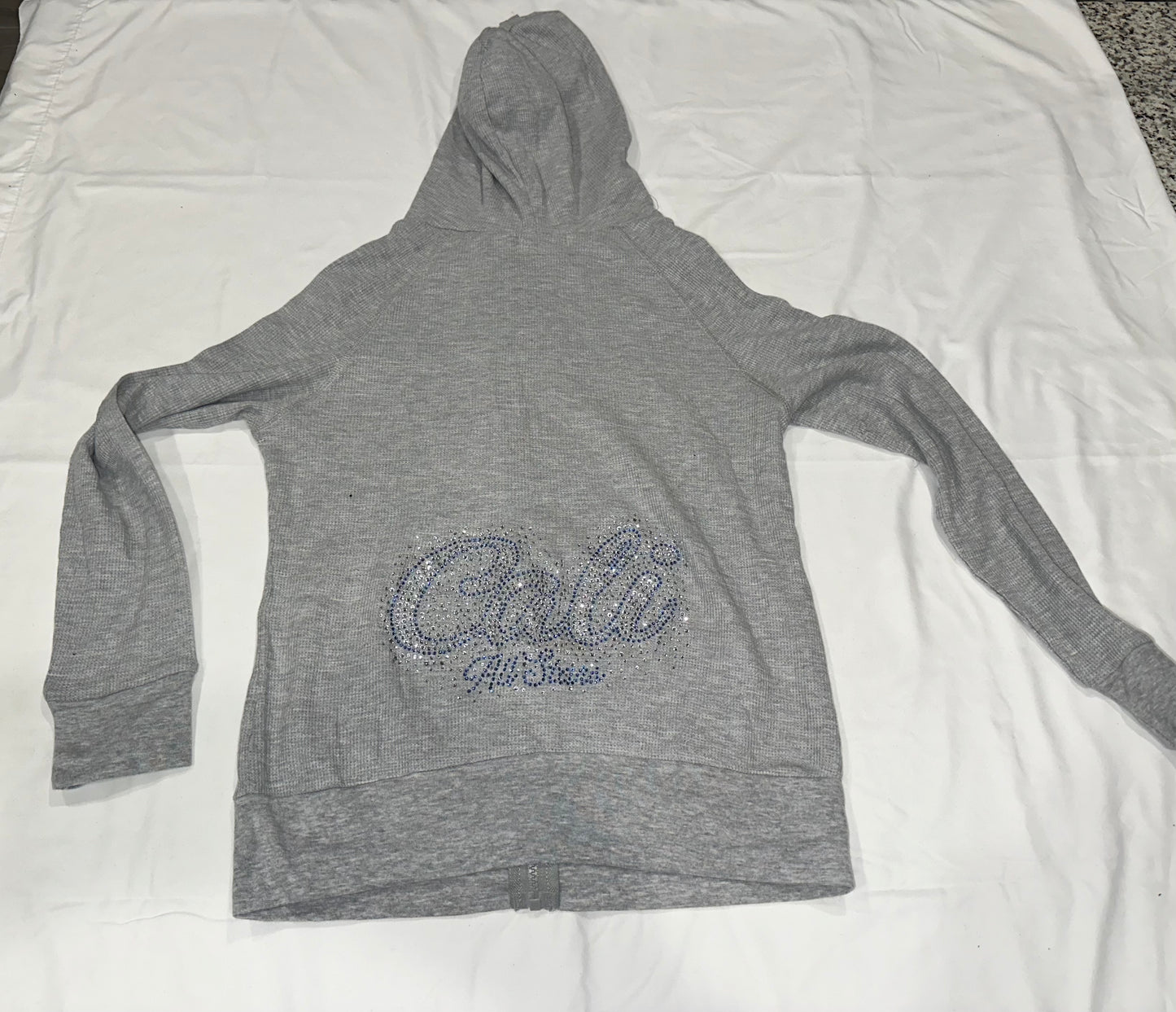 Light Grey Thermal Zip Up Jacket Bling "Cali" Cursive Letter Design