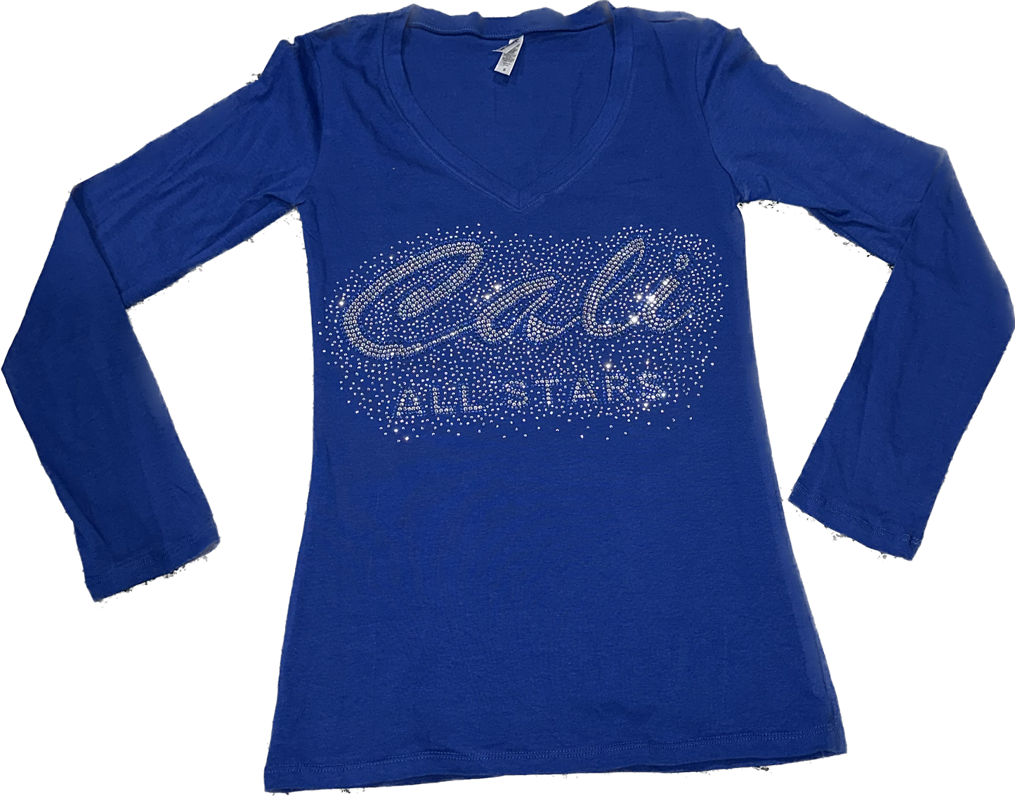 Long Sleeve Blue V-Neck with Bling "Cali" Cursive Letter Design